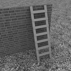 Image showing Ladder leans on brick wall 