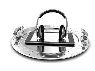 Image showing Phone and headphones on metal tray 