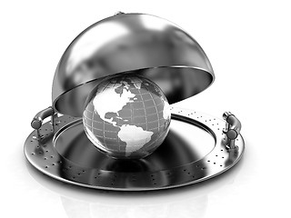 Image showing Earth globe on glossy golden salver dish under a golden cover