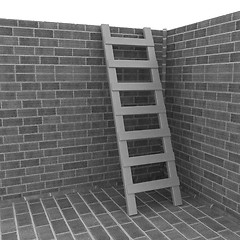 Image showing Ladder leans on brick wall 