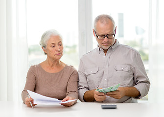 Image showing senior couple with money and calculator at home