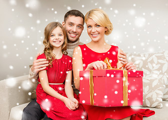 Image showing smiling family holding gift box