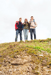 Image showing group of smiling friends with backpacks hiking