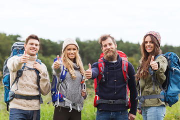 Image showing group of smiling friends with backpacks hiking