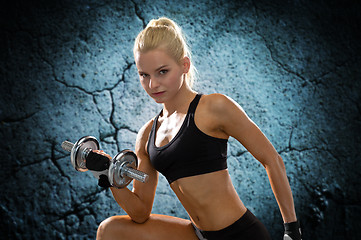 Image showing young sporty woman with heavy steel dumbbell