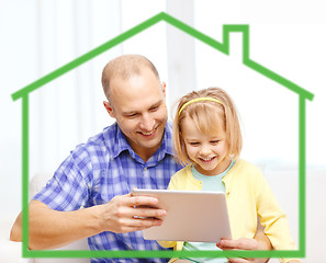 Image showing happy father and daughter with tablet pc computer