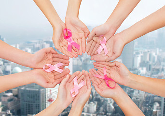 Image showing close up of hands with cancer awareness symbol