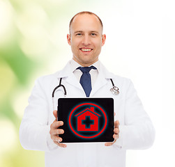 Image showing smiling male doctor with stethoscope and tablet pc