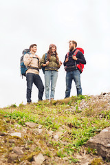 Image showing group of smiling friends with backpacks hiking