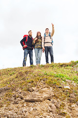 Image showing group of smiling friends with backpacks hiking