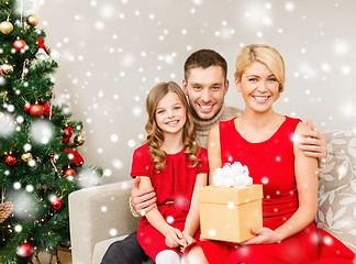 Image showing smiling family holding gift box