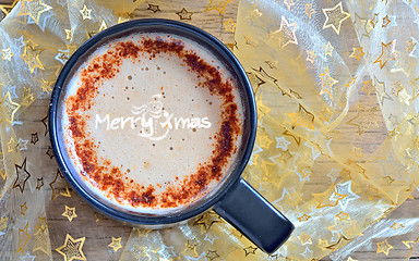 Image showing merry xmas, drawing on latte art coffee cup