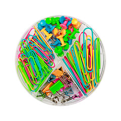 Image showing Paper clips and push-pins in a box