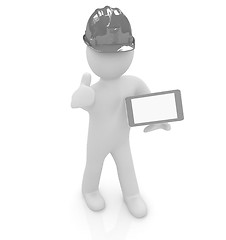 Image showing 3d white man in a hard hat with thumb up and tablet pc 