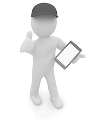 Image showing 3d white man in a red peaked cap with thumb up and tablet pc 