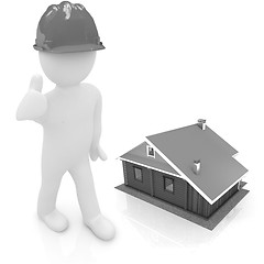 Image showing 3d architect in a hard hat with thumb up with real plans