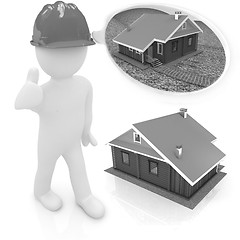 Image showing 3d architect in a hard hat with thumb up with real plans