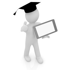 Image showing 3d white man in a grad hat with thumb up and tablet pc - best gi