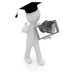 Image showing 3d white man in a grad hat with thumb up,books and tablet pc - b