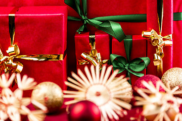 Image showing Five Red Xmas Gifts with Bows