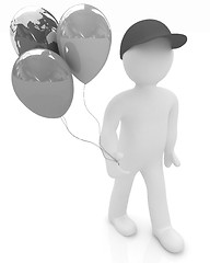 Image showing 3d man keeps balloons of earth and colorful balloons . Global ho