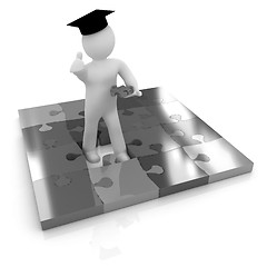 Image showing 3d man in a graduation Cap with thumb up with individual puzzles