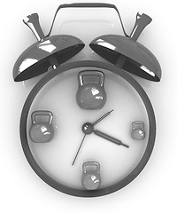 Image showing Alarm clock icon with kettlebells. Sport concept 