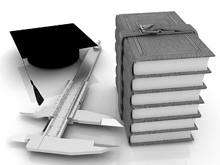 Image showing Vernier caliper, books and graduation hat. The best professional