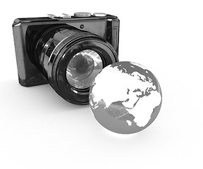 Image showing 3d illustration of photographic camera and Earth