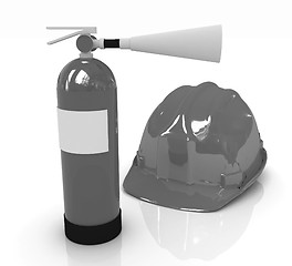 Image showing Red fire extinguisher and hardhat 