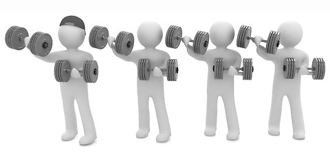 Image showing 3d mans with colorfull dumbbells 