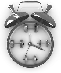 Image showing Alarm clock icon with dumbbells. Sport concept 