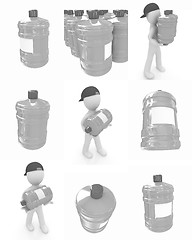 Image showing Set of 3d man carrying a water bottle with clean blue water 