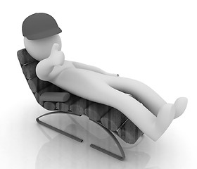 Image showing 3d white man lying wooden chair with thumb up