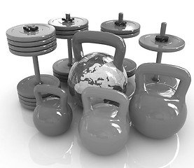 Image showing Colorful weights and dumbbells and earth. Global 