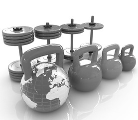 Image showing Colorful weights and dumbbells and earth. Global 