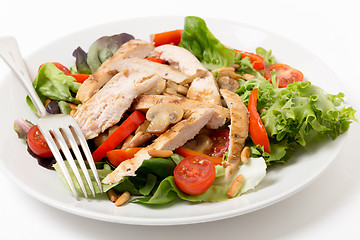 Image showing Chicken and mushroom salad with fork