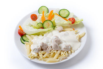 Image showing Chicken and pasta with white sauce dinner