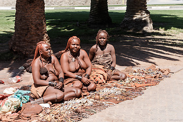 Image showing Group of Himba girl with souvenirs for sale in the main marketplace in Svakopmund