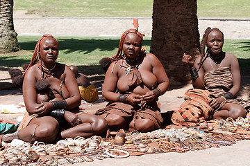 Image showing Group of Himba girl with souvenirs for sale in the main marketplace in Svakopmund