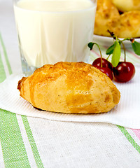 Image showing Patty with cherries and milk on tablecloth