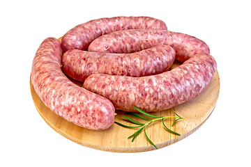 Image showing Sausages pork on round board