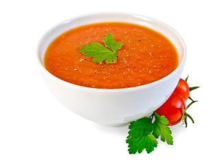 Image showing Soup tomato in white bowl with parsley and tomatoes