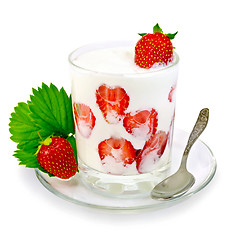 Image showing Yogurt thick with strawberries in glass and spoon