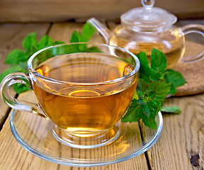 Image showing Tea with mint on wooden board