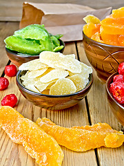 Image showing Candied ginger and fruit in bowl on board