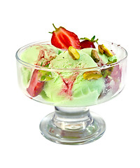 Image showing Ice cream strawberry-pistachio in glass goblet