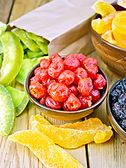 Image showing Candied cherries and other fruit in bowl on board