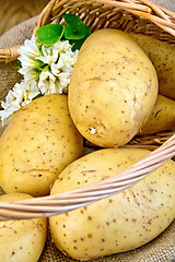 Image showing Potatoes yellow in basket with flower on board
