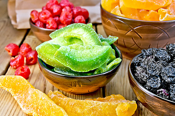 Image showing Candied pomelo and other fruits in bowl on board